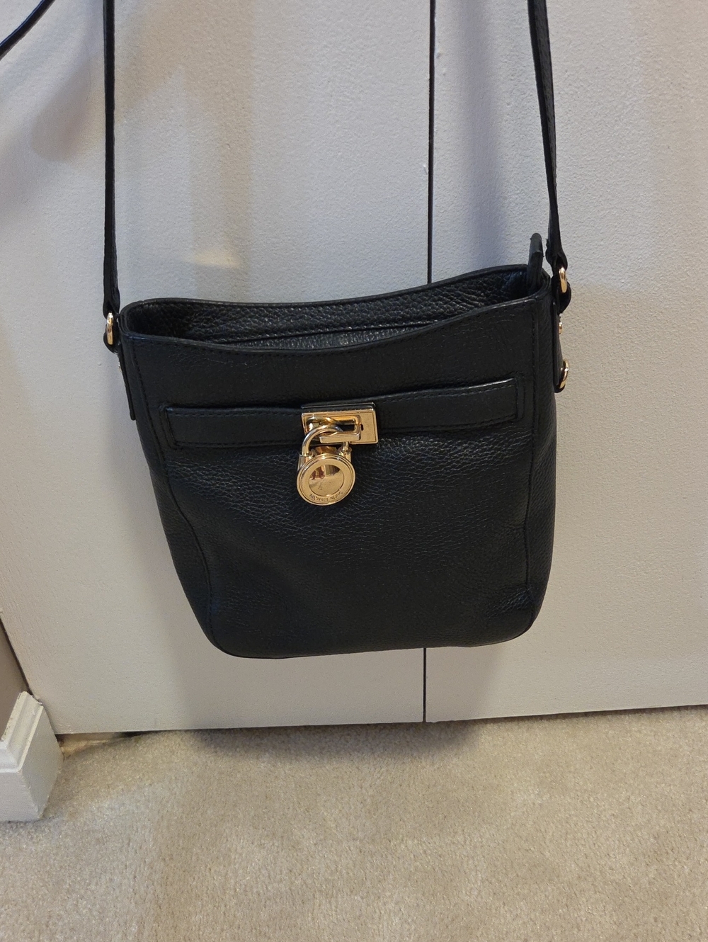 Michael Kors Black Pebbled Leather Crossbody with Gold Tone Lock